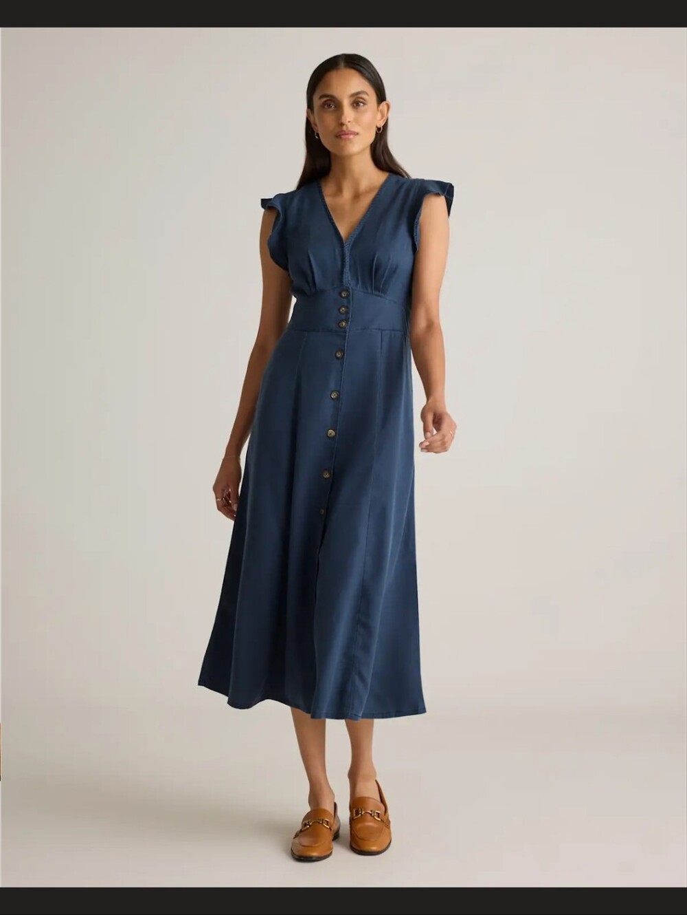 LIKE NEW Quince Tencel Button Front Midi Midnight Blue V-Neck Dress